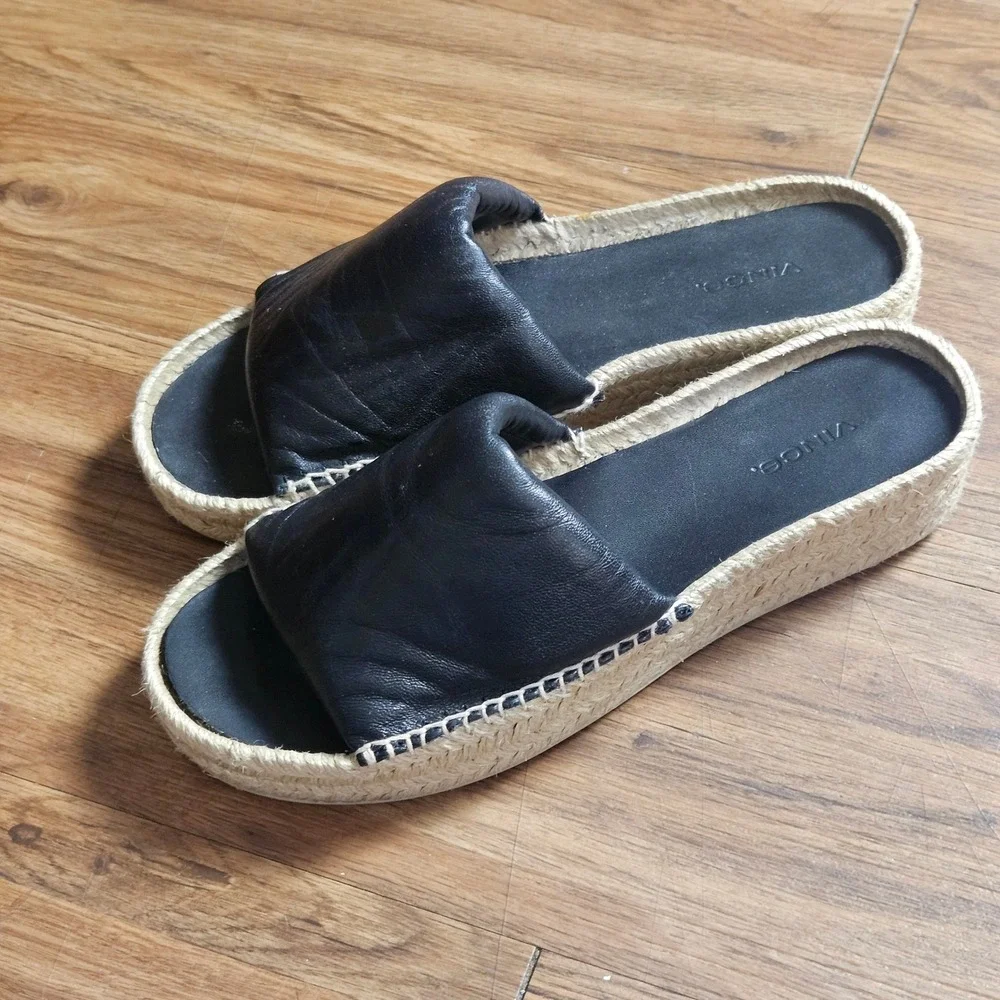 Vince Jesse Leather Espadrille Platform Espadrille Slide Sandals 8M Quiet Luxury